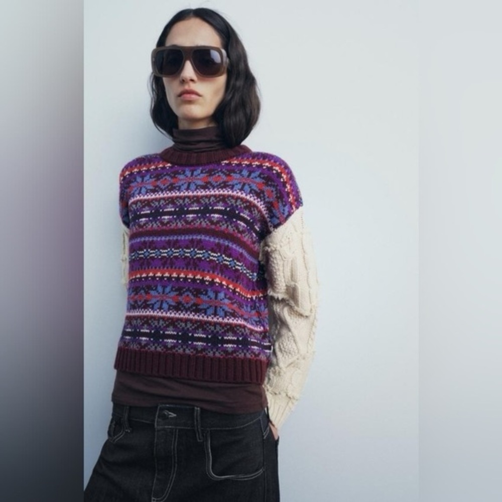 Zara Contrasting Knit Jacquard‎ Patterned Wool Blend Sweater Size: S